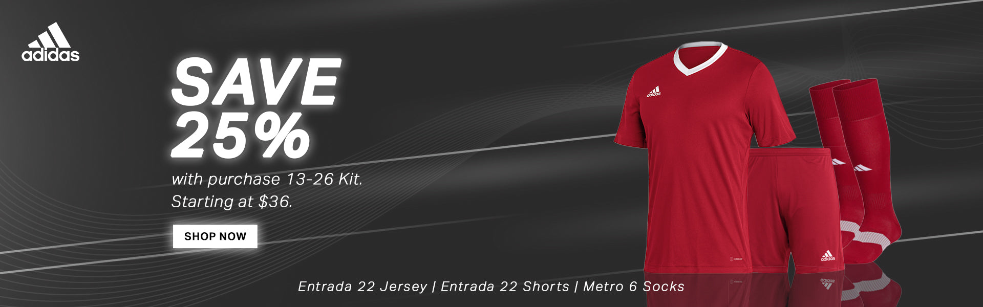 adidas red jersey, shorts and socks set for soccer teams at 25% off offer