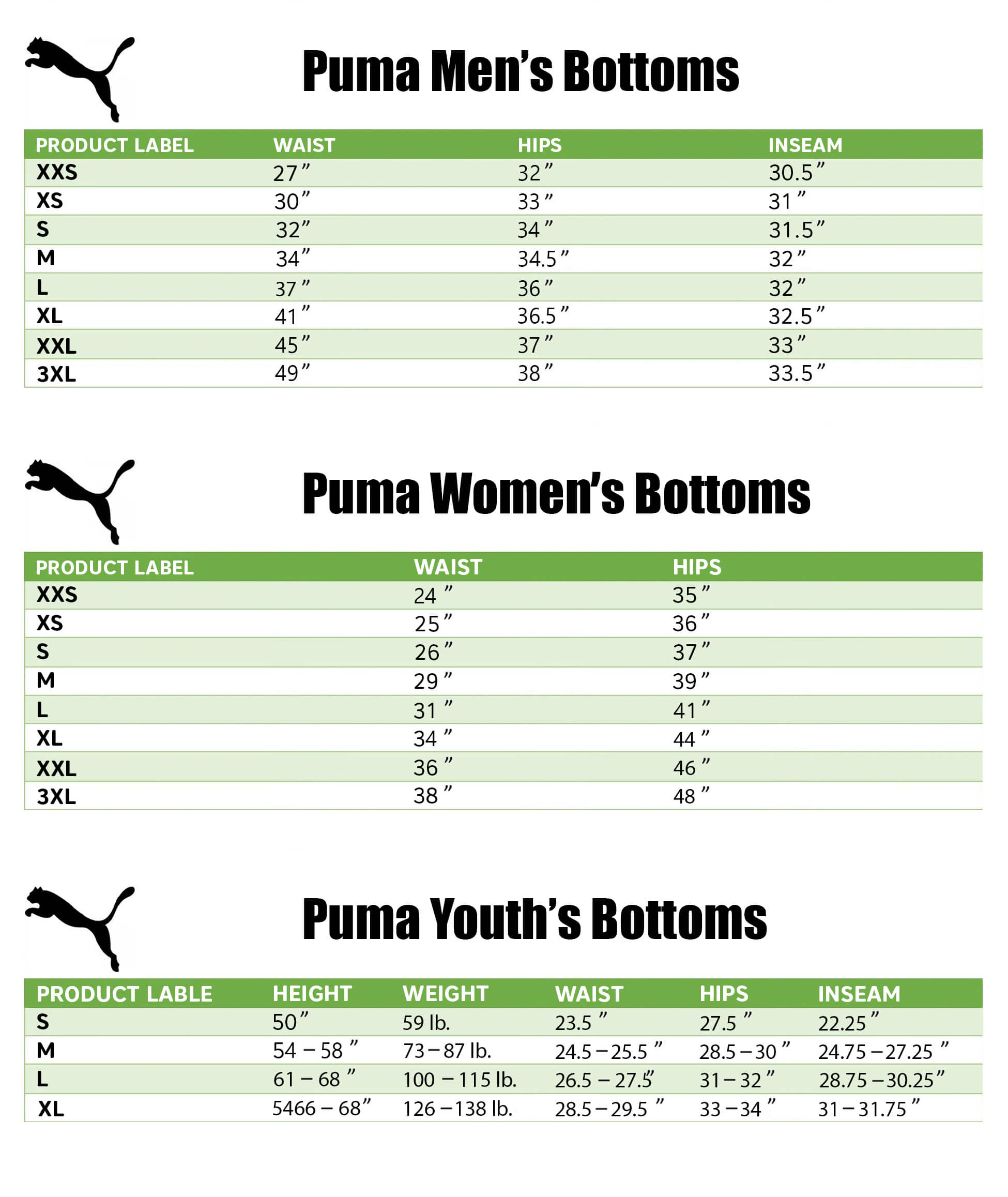 Puma tracksuit bottoms size chart hotsell