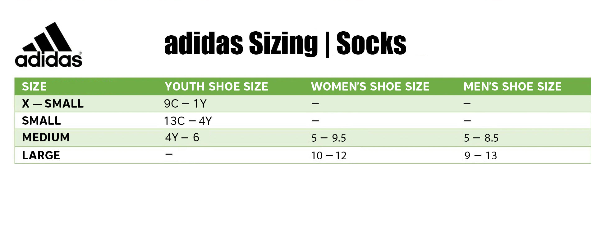 Adidas youth socks size chart online